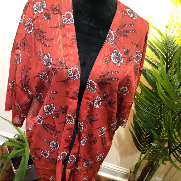 Ann Taylor Striped Floral w/Metallic Detail Kimono Open Front Light Redwood XS/S - Picture 3 of 8